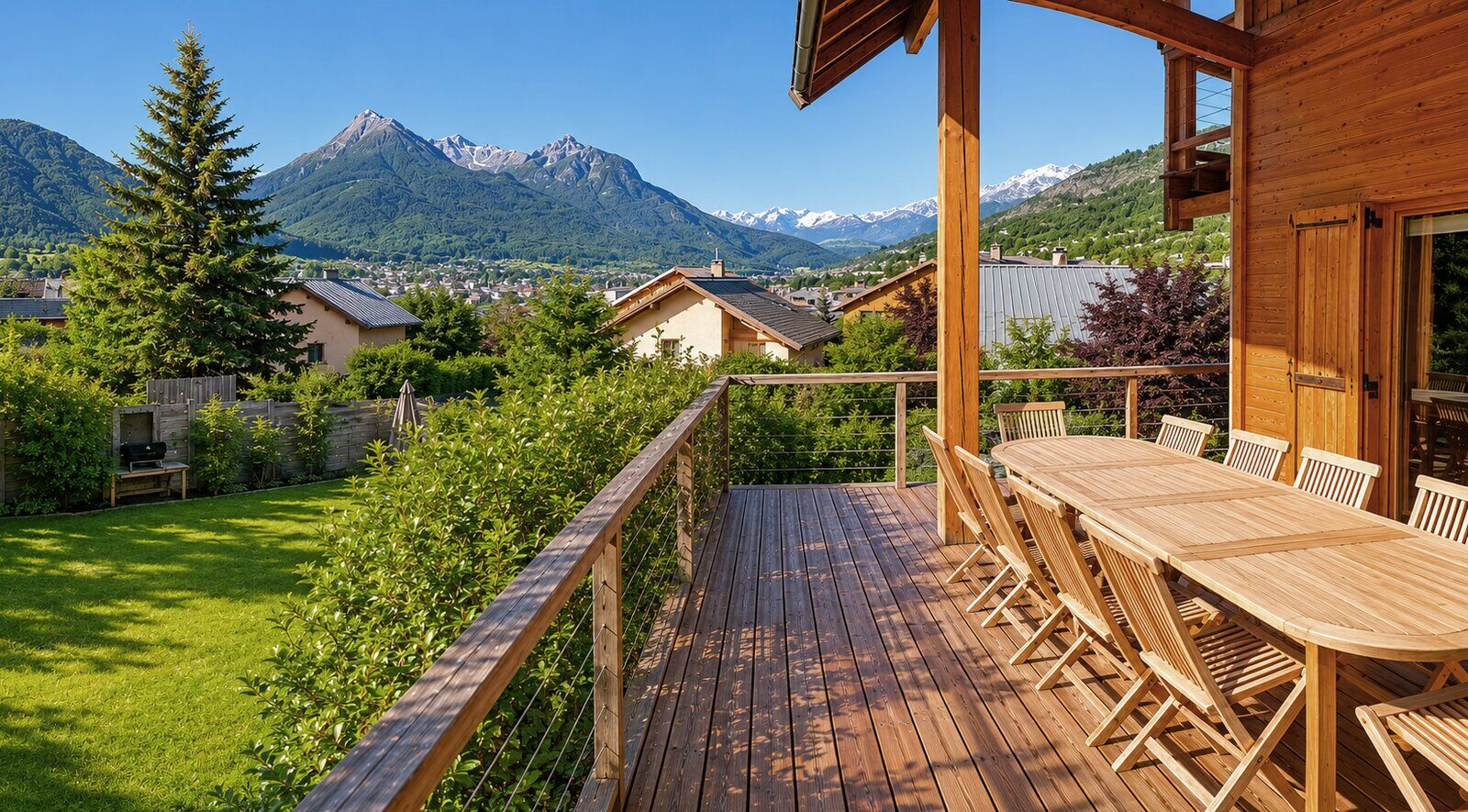 Bike-Alp chalet terrace overlooking the Alpine valley