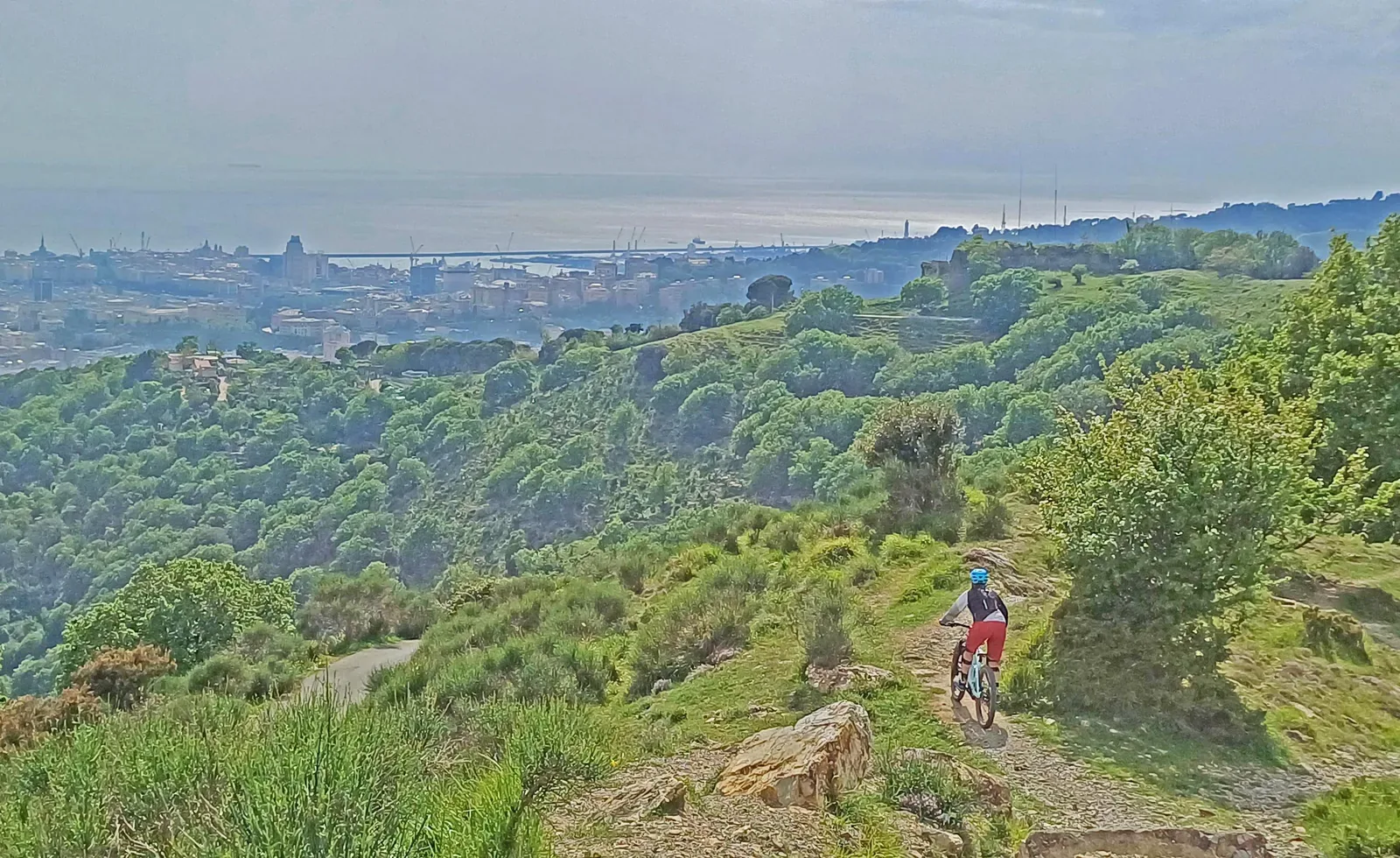 Mountain biker riding a hillside trail above a green coastal town